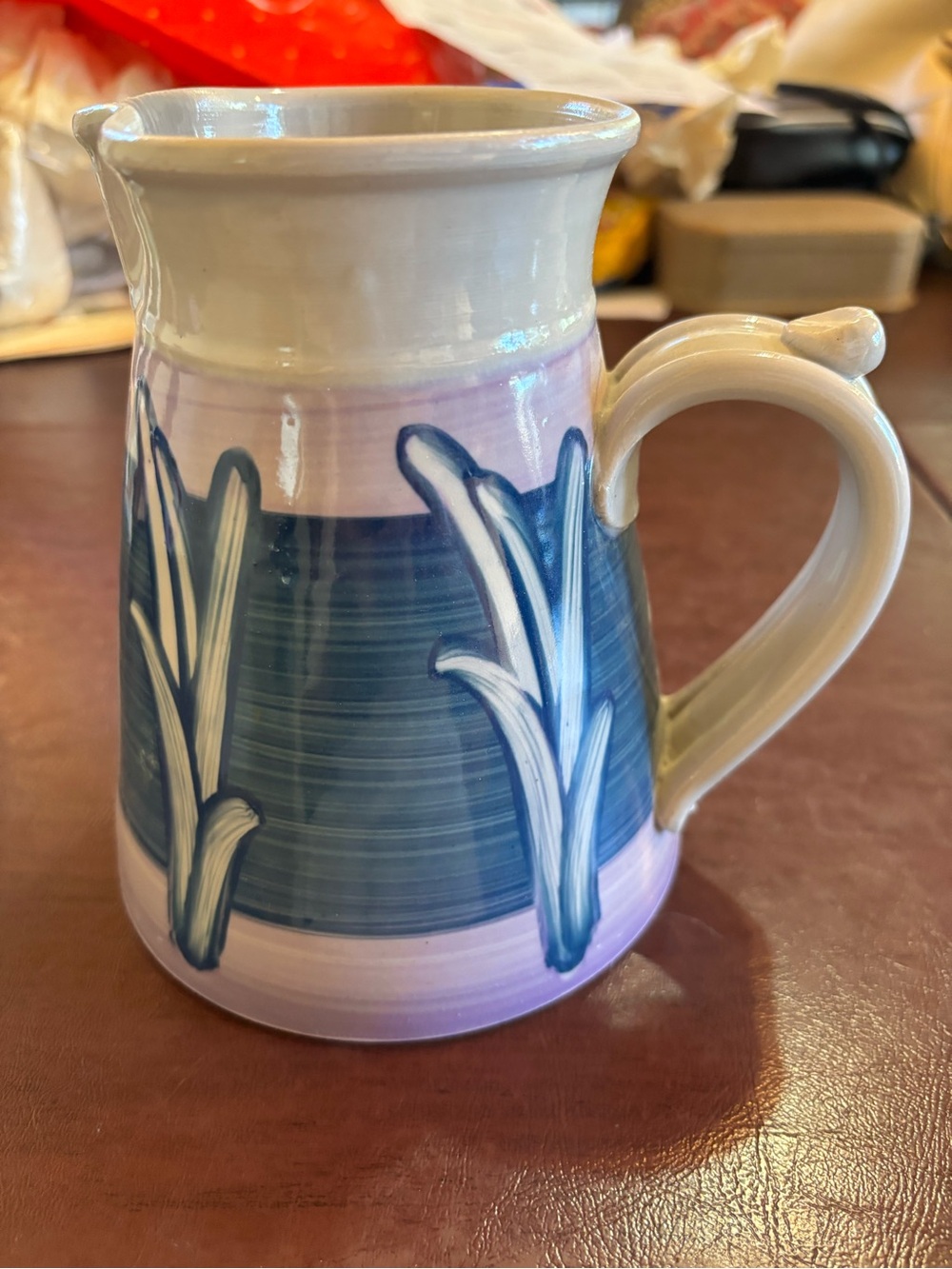 Vintage Happy Things Studio Pottery Pitcher 1990s Botanical Iris Blue Lavender